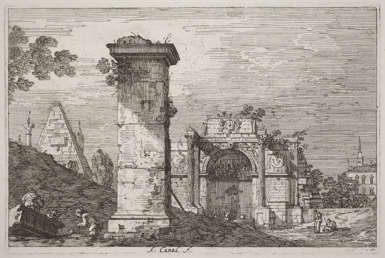 Pejzaż ze zrujnowanymi pomnikami [po prawej] autorstwa Canaletto