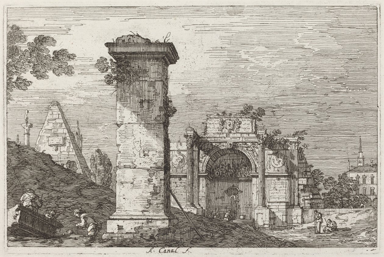 Pejzaż ze zrujnowanymi zabytkami [po prawej], ok. 1930 r. 17351746. autorstwa Canaletto
