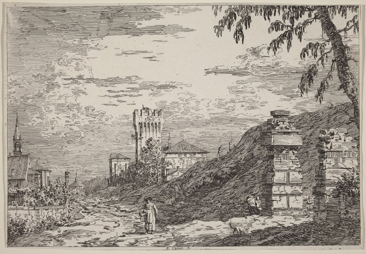 Krajobraz z wieżą i dwoma zrujnowanymi filarami autorstwa Canaletto
