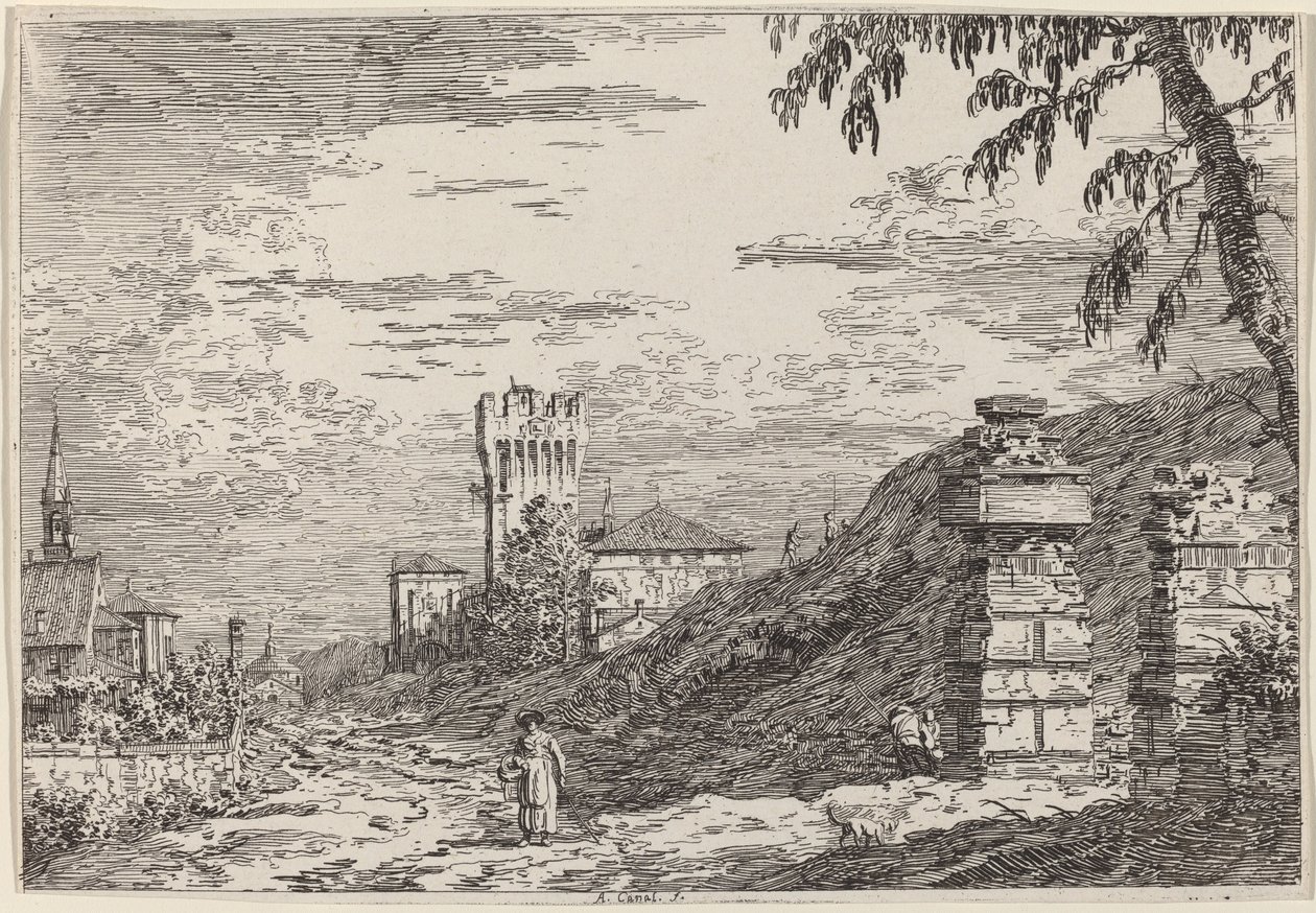 Krajobraz z wieżą i dwoma zrujnowanymi filarami, ok. 1930 r. 17351746. autorstwa Canaletto