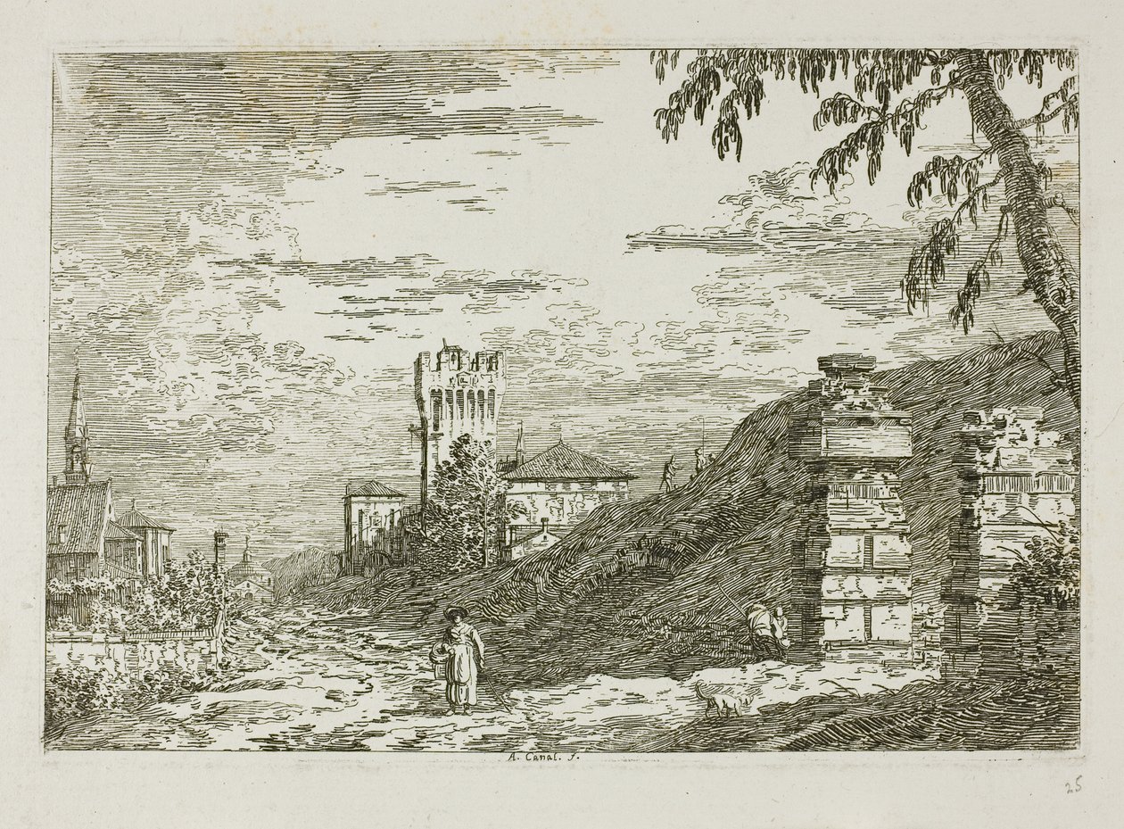 Krajobraz z wieżą i dwoma zrujnowanymi filarami, z Vedute autorstwa Canaletto