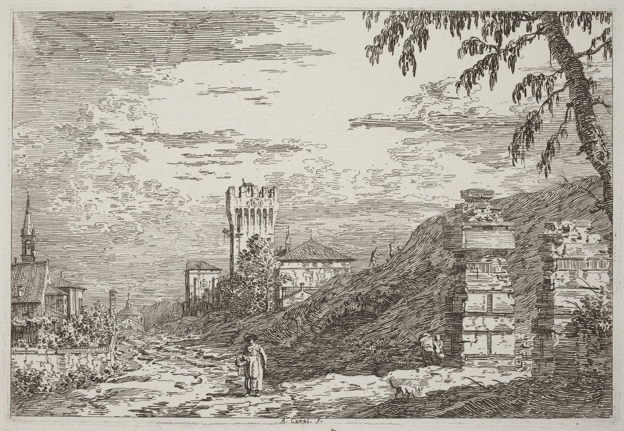 Pejzaż z wieżą i dwoma zrujnowanymi filarami [po lewej] autorstwa Canaletto