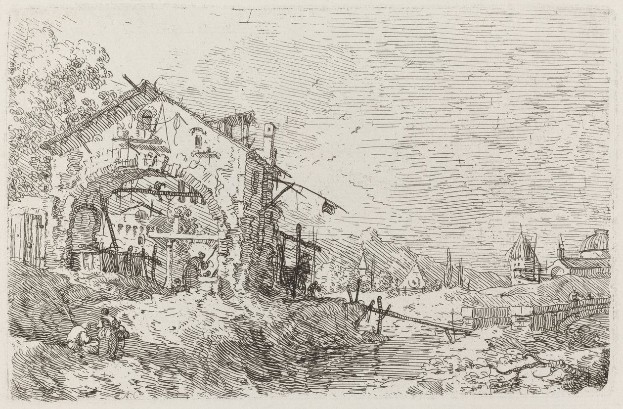 Pejzaż z kobietą przy studni [na dole po lewej], ok. godz. 17351746. autorstwa Canaletto