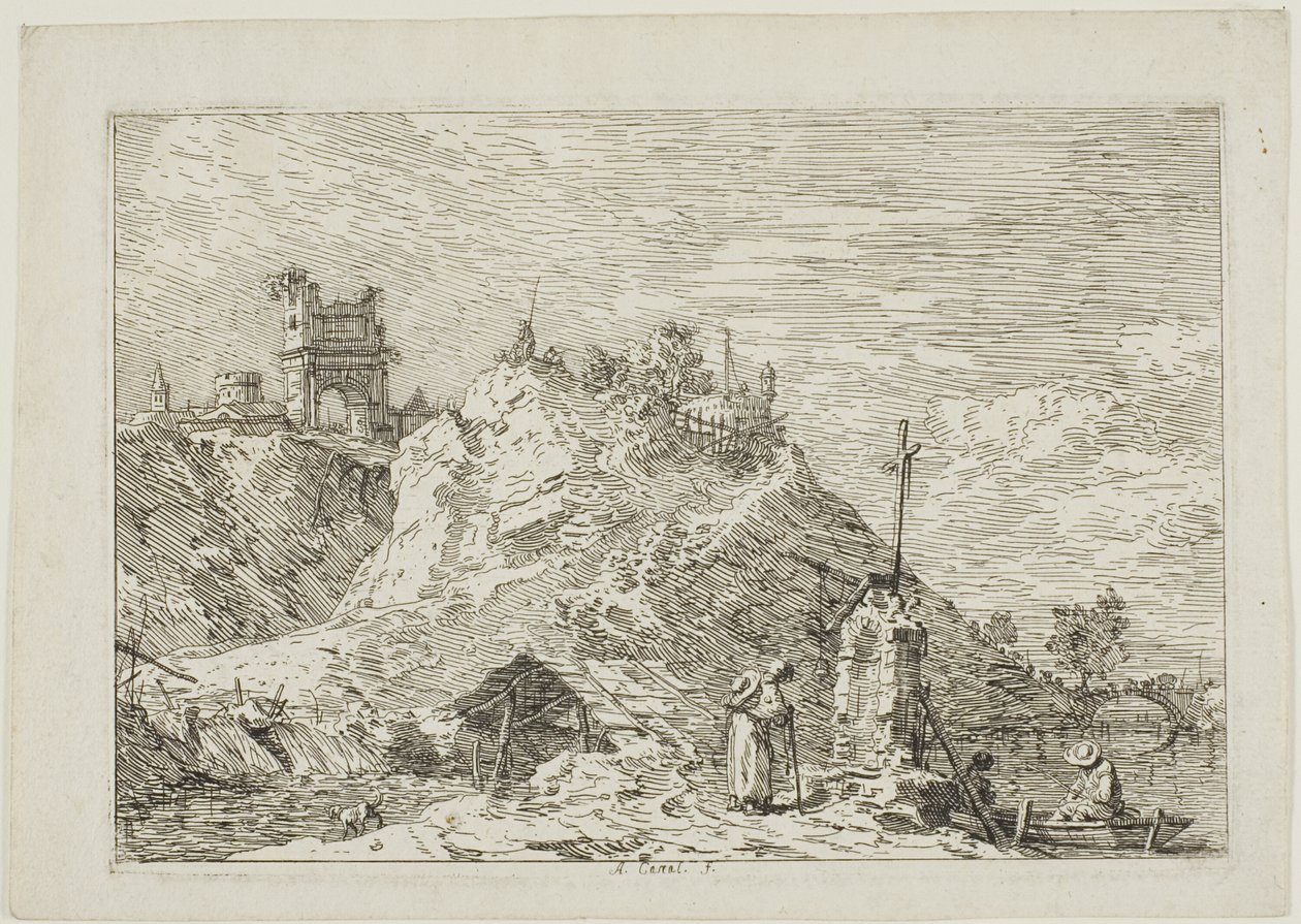 Pejzaż z pielgrzymem na modlitwie, z Vedute autorstwa Canaletto