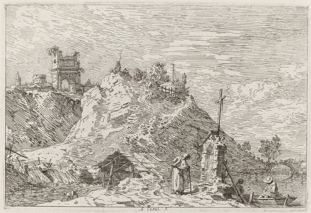 Pejzaż z modlącym się pielgrzymem [u góry po lewej], ok. godz. 17351746. autorstwa Canaletto