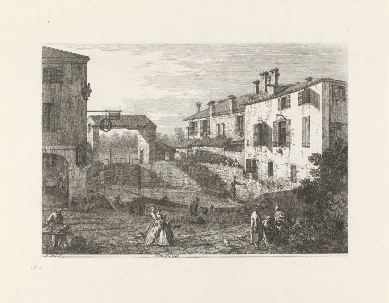 Le porte del Dolo (tytuł na obiekcie) Twarze na istniejących i wymyślonych miejscach (tytuł serii) Vedute altre prese da i Luoghi altre ideate da Antonio Canal (tytuł serii) autorstwa Canaletto