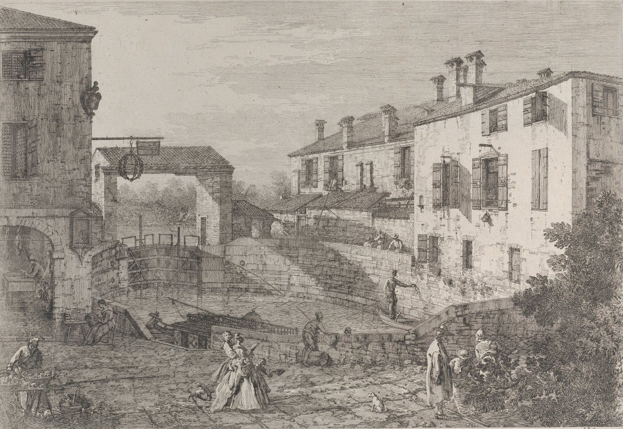 Le porte del Dolo: owalna niecka śluz w Dolo, z przycumowaną do nabrzeża barką..., 1735-46. autorstwa Canaletto