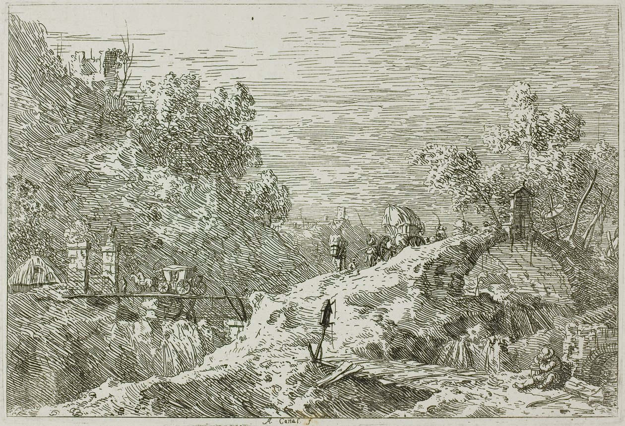 Krajobraz górski z pięcioma mostami, z Vedute autorstwa Canaletto