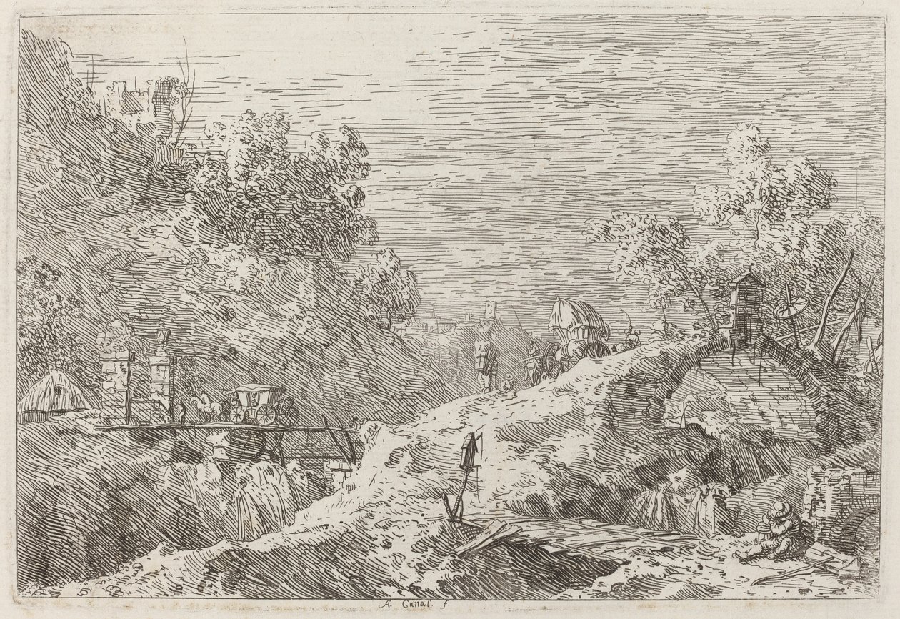 Krajobraz górski z pięcioma mostami autorstwa Canaletto