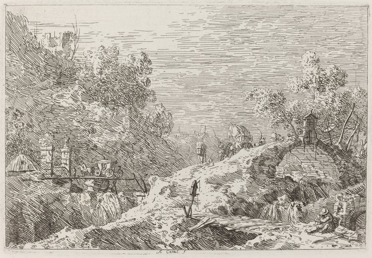 Górski krajobraz z pięcioma mostami [u dołu po prawej] autorstwa Canaletto