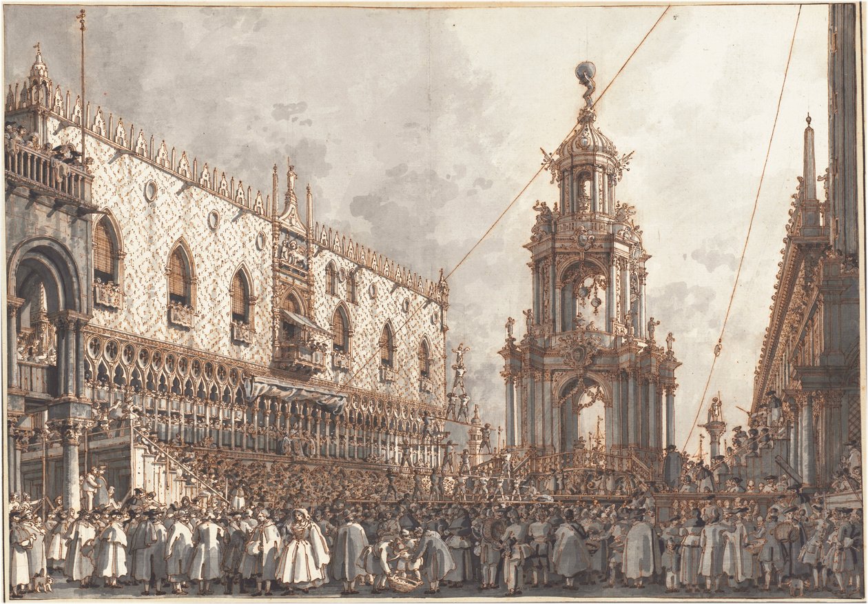 Festiwal „Giovedì Grasso” przed Pałacem Dożów w Wenecji autorstwa Canaletto