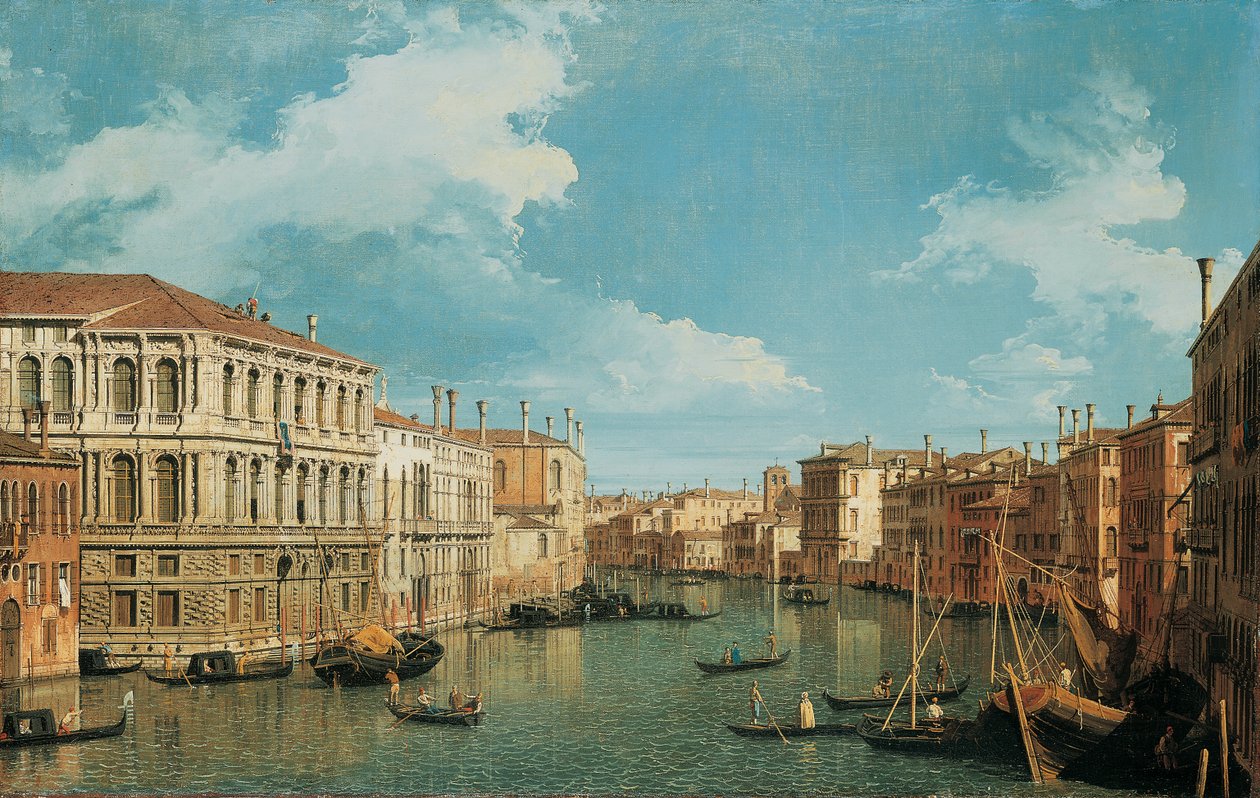 Canal Grande, Wenecja, patrząc na północny-zachód, z Palazzo Pesaro, Palazzo Foscarini i szczytem S. Stae po lewej oraz Palazzo Vendramin-Calergi i S. Marcuola po prawej autorstwa Giovanni Antonio Canal