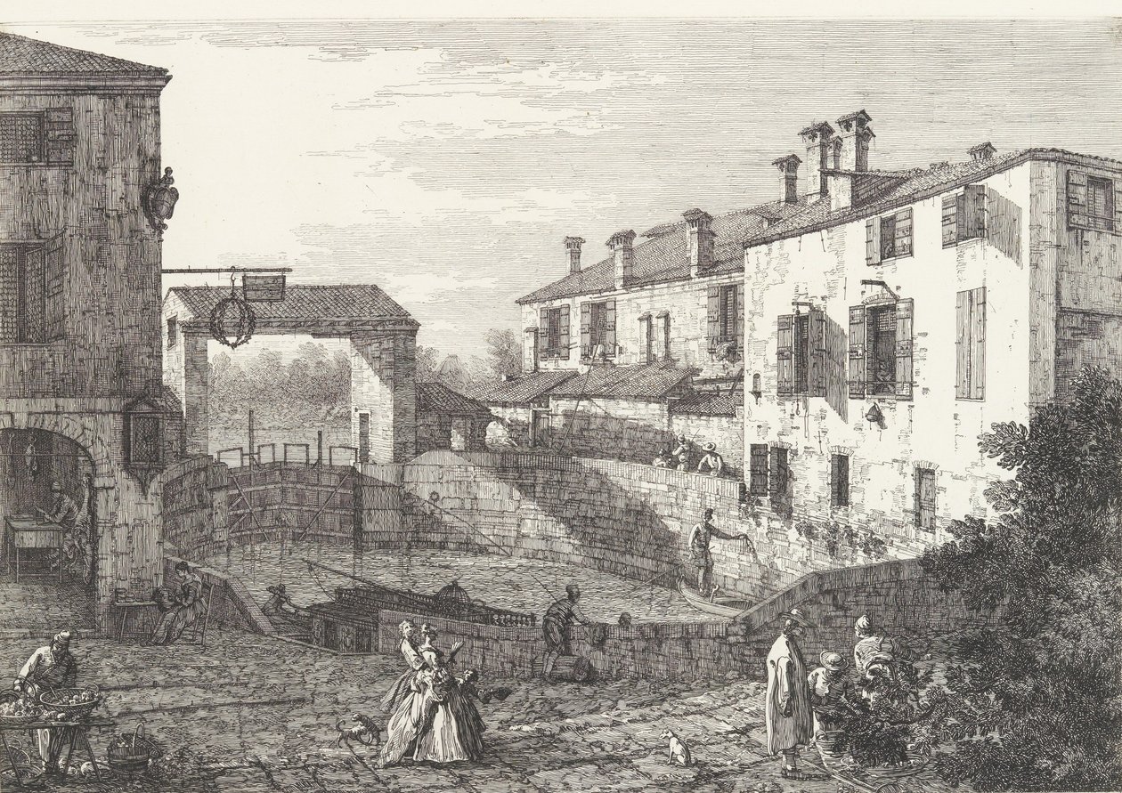 Śluzy w Dolo, owalny basen z łodziami pośrodku, zabudowania po obu stronach..., 1735-46. autorstwa Canaletto