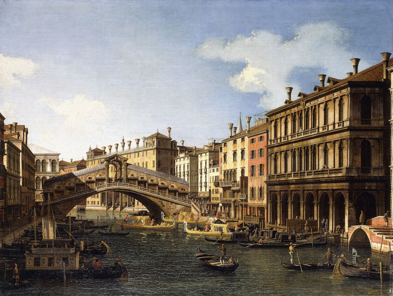 Most Rialto, Wenecja, od południa z zaokrętowaniem księcia Saksonii podczas jego wizyty w 1740 r., autorstwa Giovanni Antonio Canal