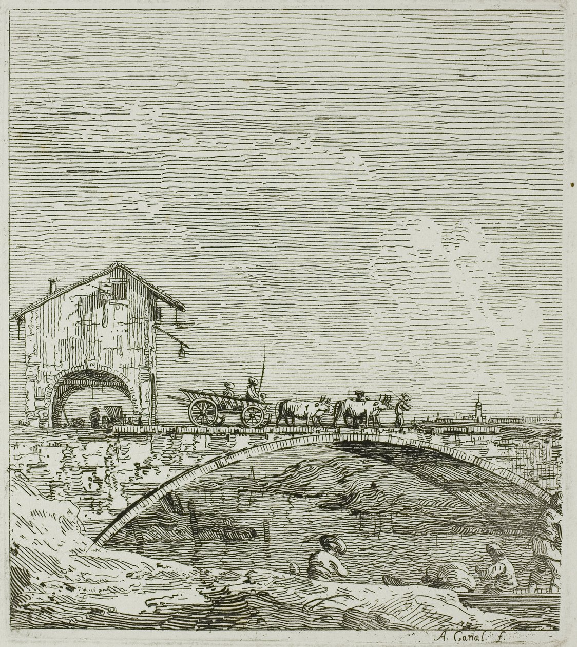 Wagon przejeżdżający przez most, z Vedute autorstwa Canaletto