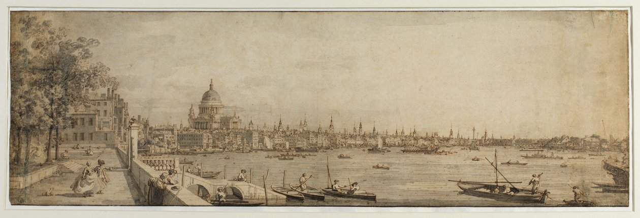 Widok z Somerset Gardens w kierunku London Bridge, ok. 1746-55 autorstwa Canaletto