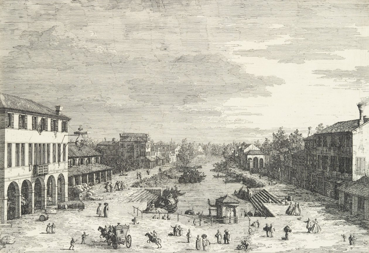 Widok Mestre, gospody po lewej i innych różnych budynków wzdłuż kanału, z „Widoku..., 1735-46. autorstwa Canaletto