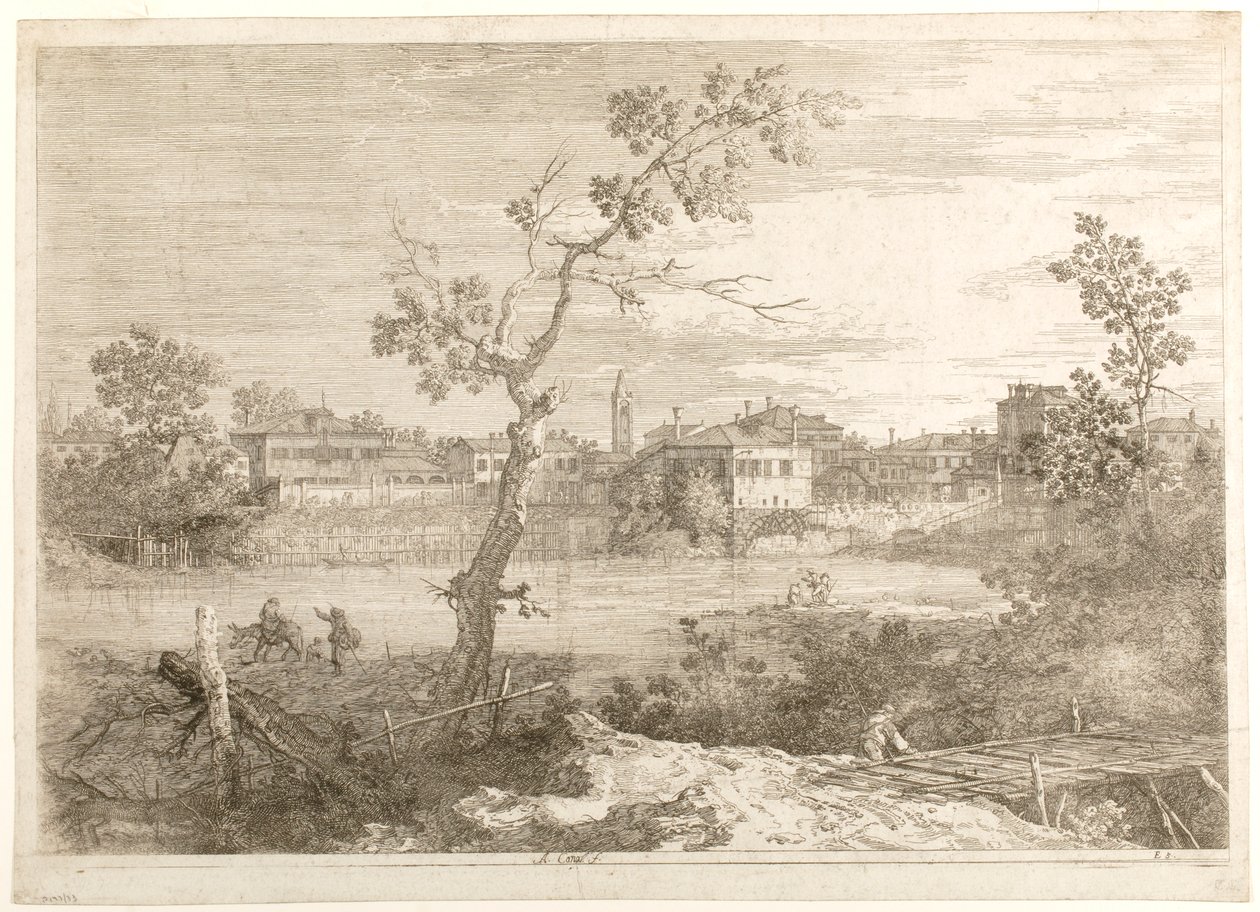 Widok miasta nad brzegiem rzeki, z cyklu „Widoki” autorstwa Canaletto