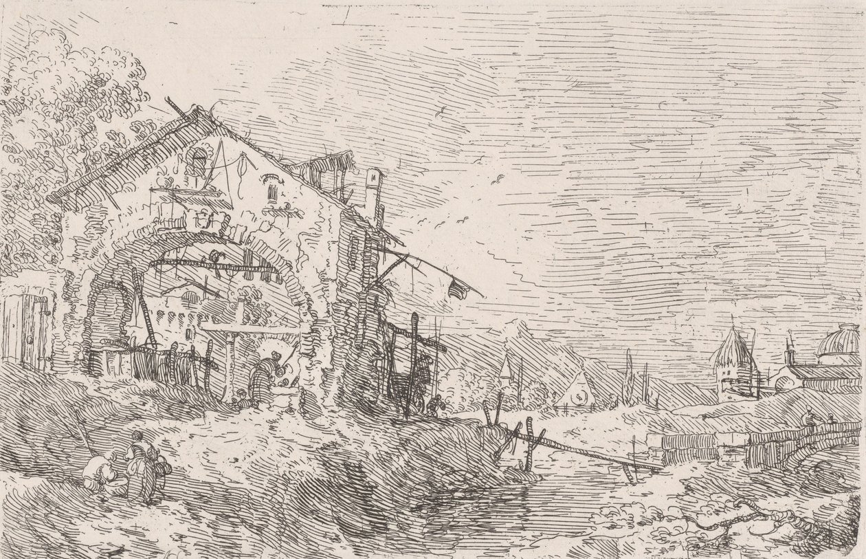 Kobieta czerpiąca wodę ze studni pod arkadą z lewej, z pejzażem z prawej, 1..., 1717-68. autorstwa Canaletto