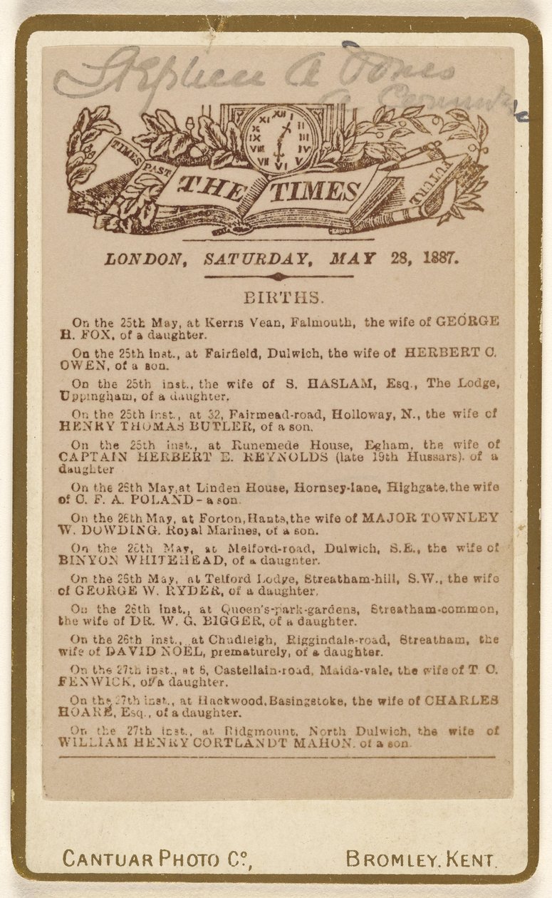 [Strona z ogłoszeniem narodzin z "The Times", Londyn, sobota, 28 maja 1887 r.]. autorstwa Cantuar Photographic Company