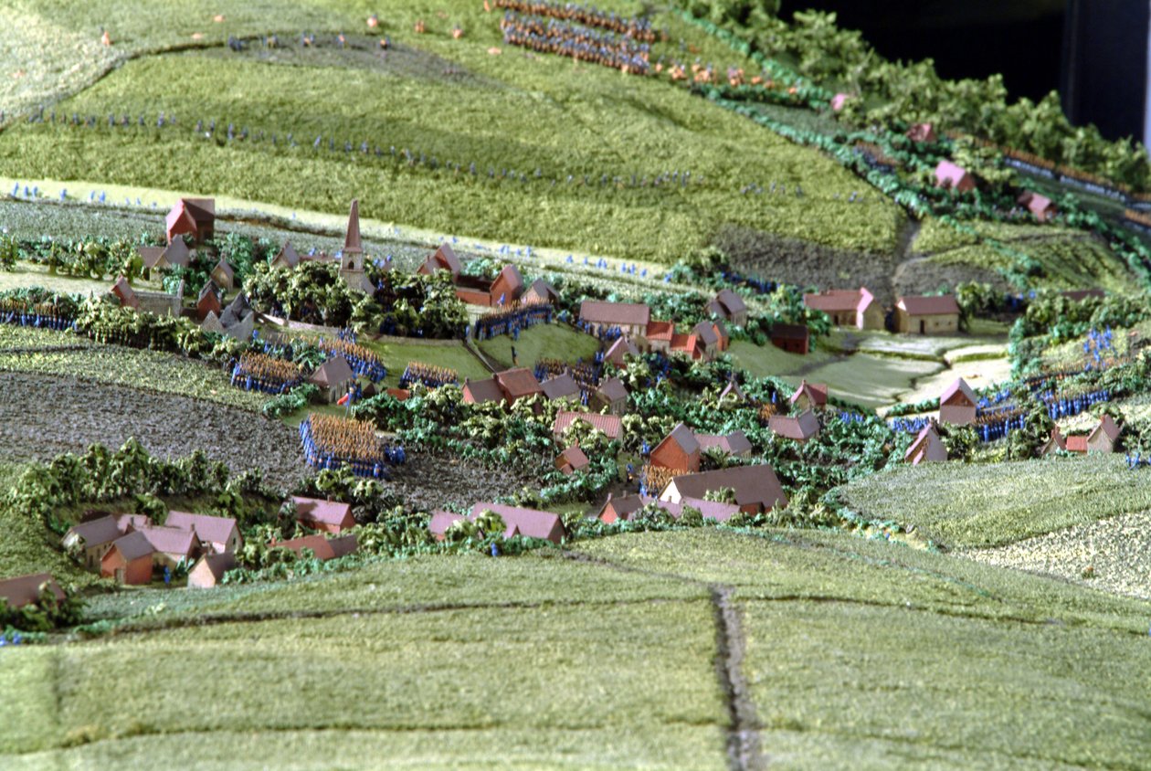 Diorama bitwy pod Waterloo przedstawiająca wojska ustawione na godzinę 19.45 w dniu 18 czerwca 1815 r. (media mieszane) (szczegóły) autorstwa Capt. William Siborne