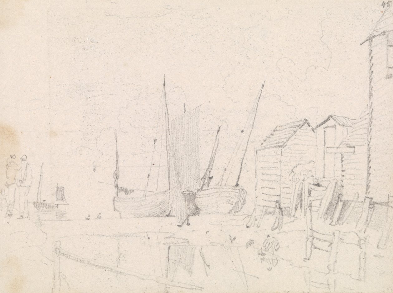 Szkic żaglówek na plaży i domków na palach, Hastings autorstwa Capt. Thomas Hastings