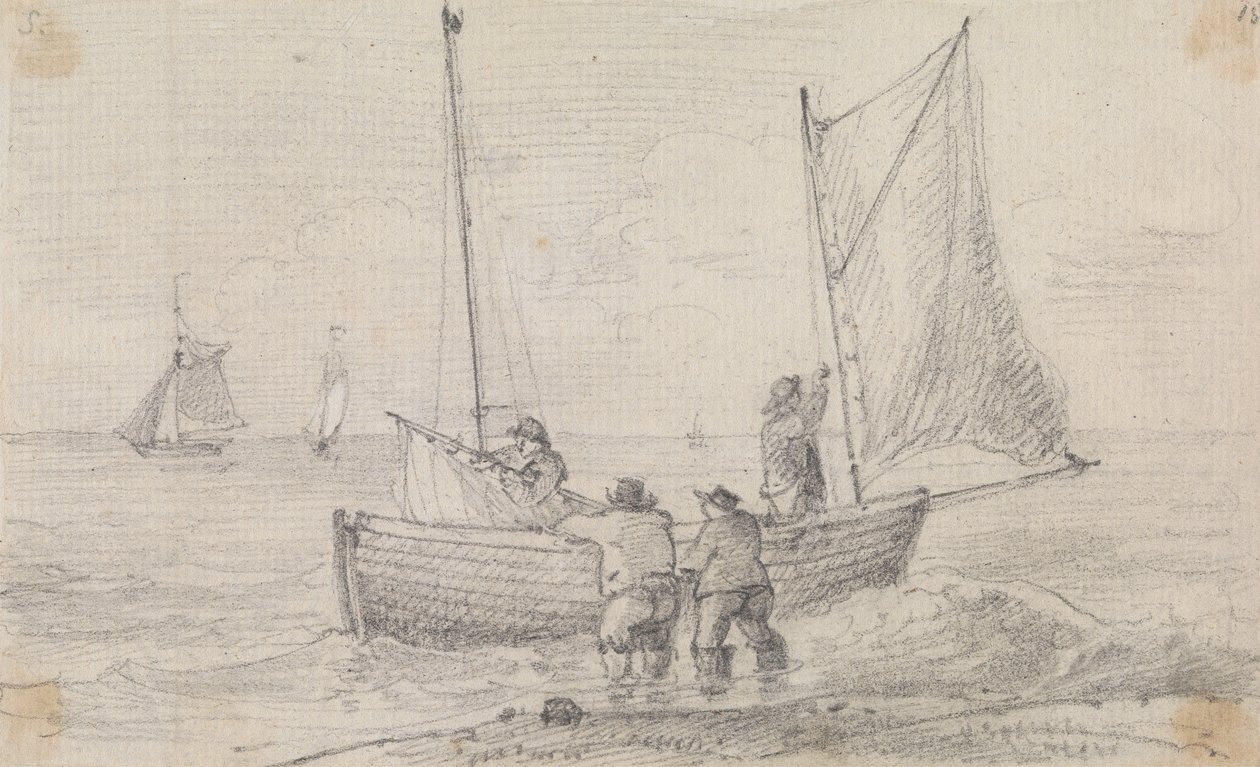 Szkic grupy przygotowującej żagle w pobliżu brzegu, Hastings autorstwa Capt. Thomas Hastings