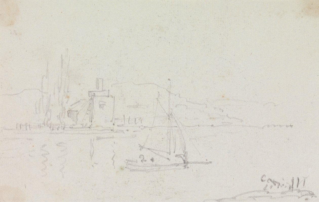 Esboço de um barco à vela e um edifício no Shorepolish autorstwa Capt. Thomas Hastings
