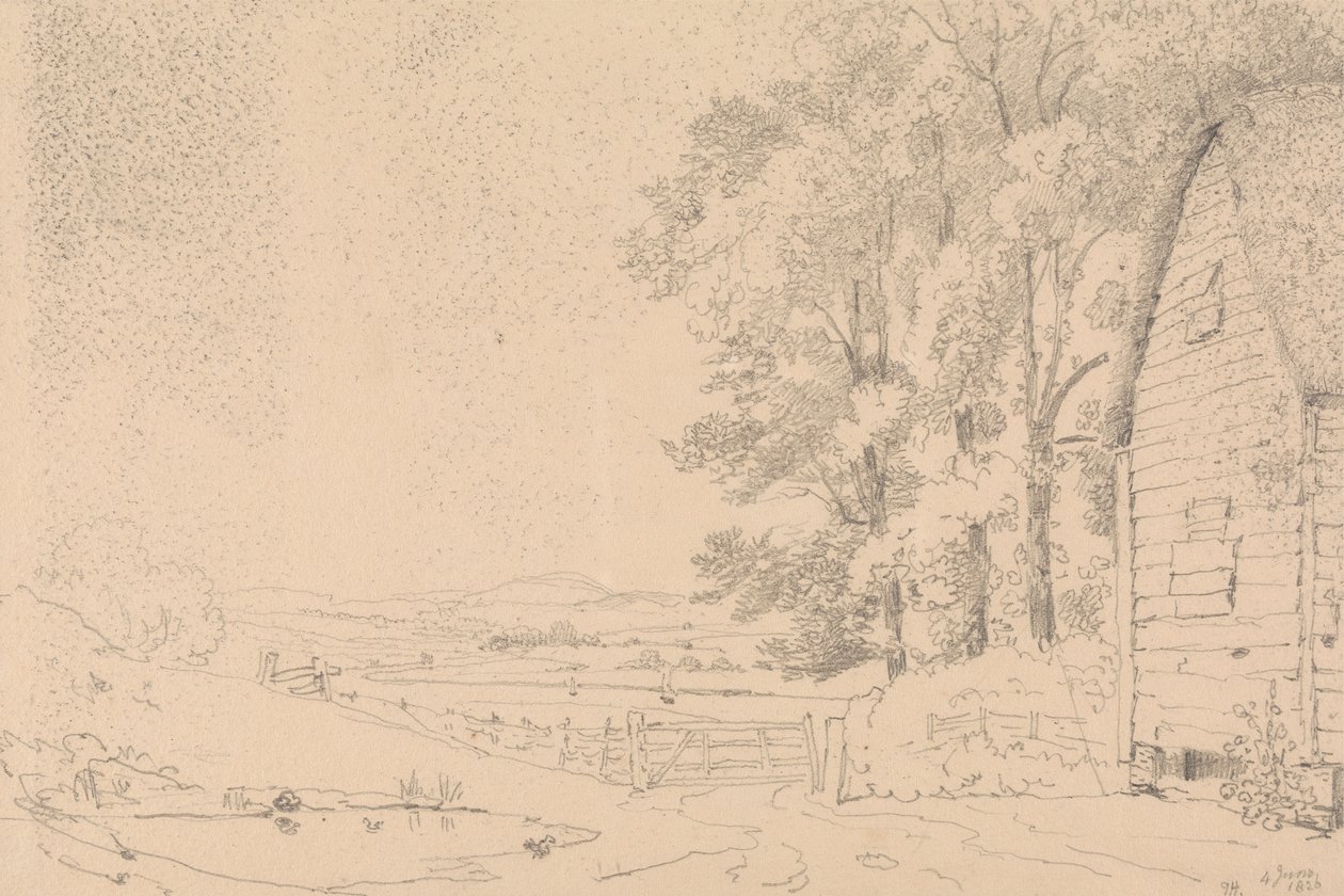 Esboço de um edifício com telhado de palha e um rio Beyondpolish autorstwa Capt. Thomas Hastings