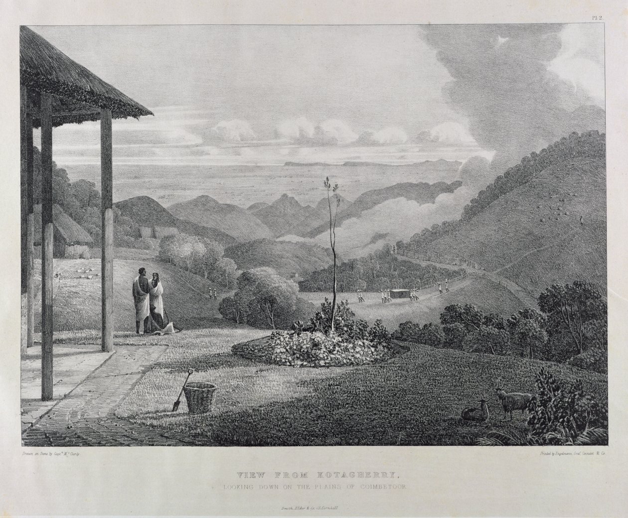 Widok z Kotagherry Patrząc w dół na równiny Coimbetoor, płyta 2 z „Widok na Neilgherries lub Blue Mountains of Coimbetoor w południowych Indiach” autorstwa kapitana McCurdy