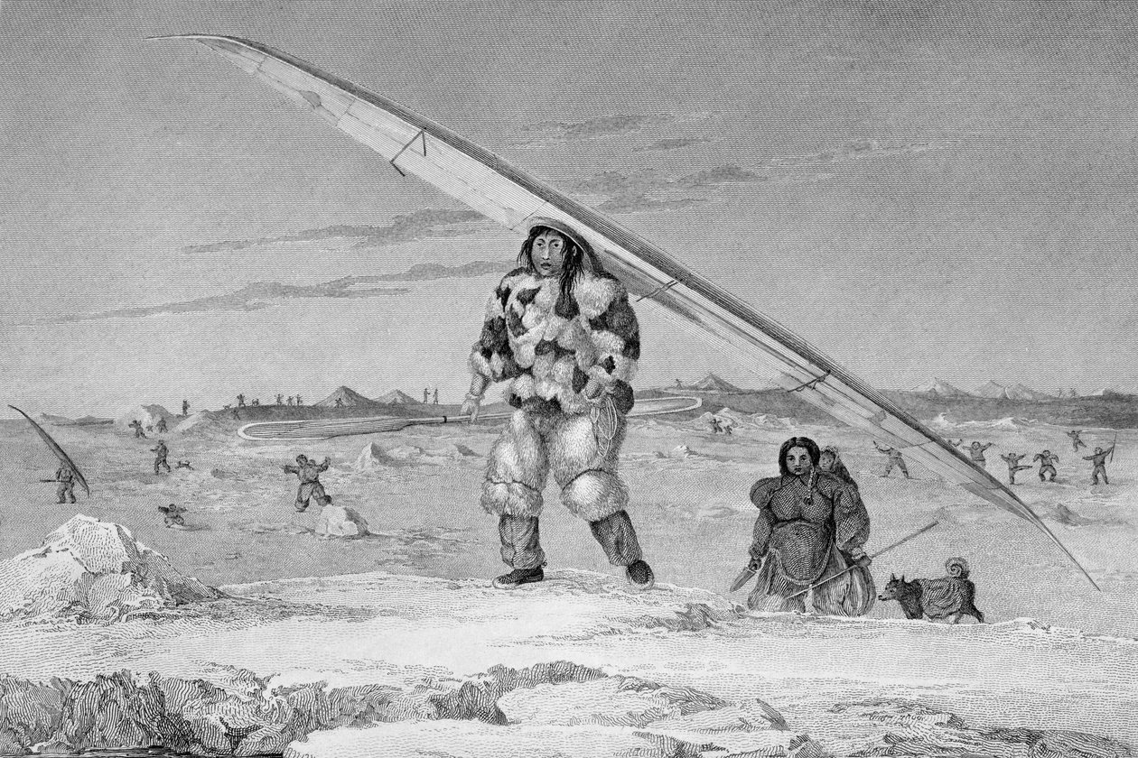 Eskimaux z Igloolika, ubrany w kurtkę z ptasiej skóry, niosący kajak w dół do wody, z „Journal of a Second Voyage for the Discovery of North West Passage od Atlantyku do Pacyfiku s. autorstwa Captain George Francis Lyon