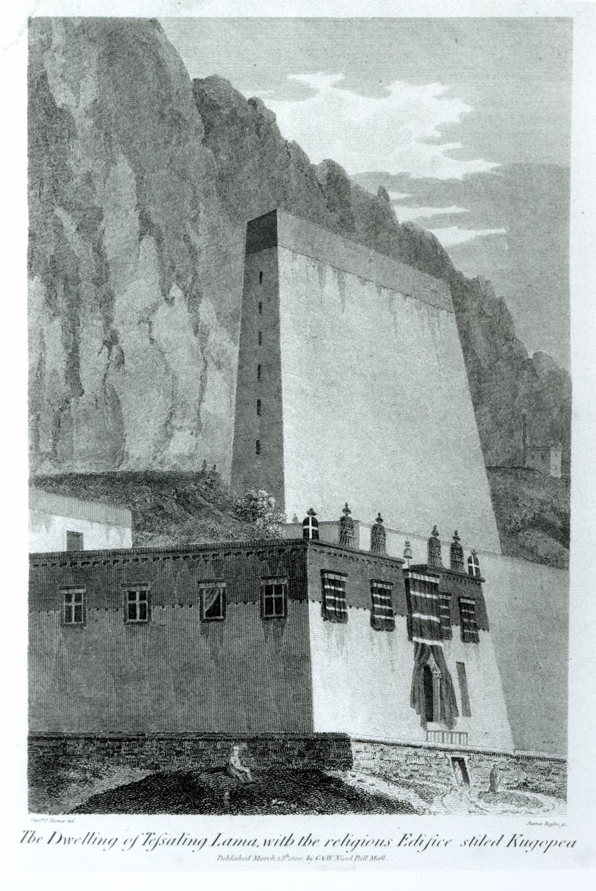 Mieszkanie Tefsalinga Lamy z religijnym gmachem Stiled Kugopea, z „Konta ambasady przy dworze Teshoo Lamy w Tybecie” kapitana Turnera, opublikowane 1800 (fot. bw autorstwa Captain Samuel Turner