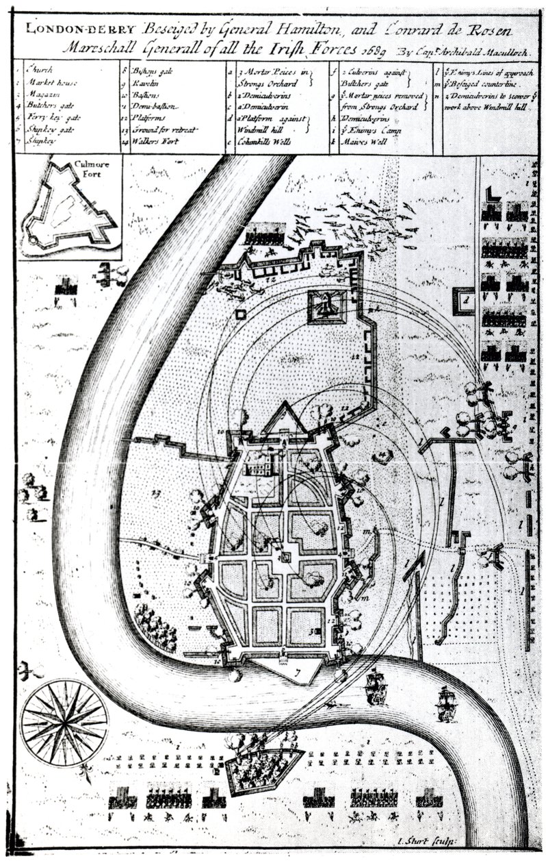 Londonderry oblegany przez generała Hamiltona i Conrada de Rosena, rytowany przez J. Sturt, 1689 autorstwa Captain Archibald Maculloch