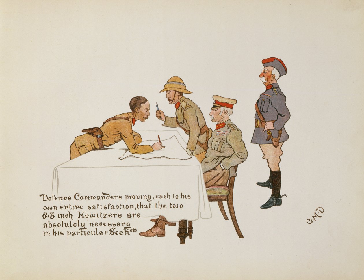 Dowódcy obrony udowadniający, że dwa 6,3-calowe haubice są absolutnie niezbędne w jego konkretnej sekcji, z The Leaguer of Ladysmith, 1900 autorstwa Captain Clive Dixon