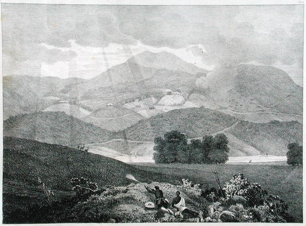 Widok części jeziora i domków w Ottacamund, góry Neelgherry, płyta 3 z Widoku na Neilgherries lub Blue Mountains of Coimbetoor w południowych Indiach autorstwa kapitana McCurdy