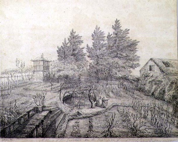 Widok na ogrody Napoleona I po wschodniej stronie Longwood House autorstwa Captain G. Rotton