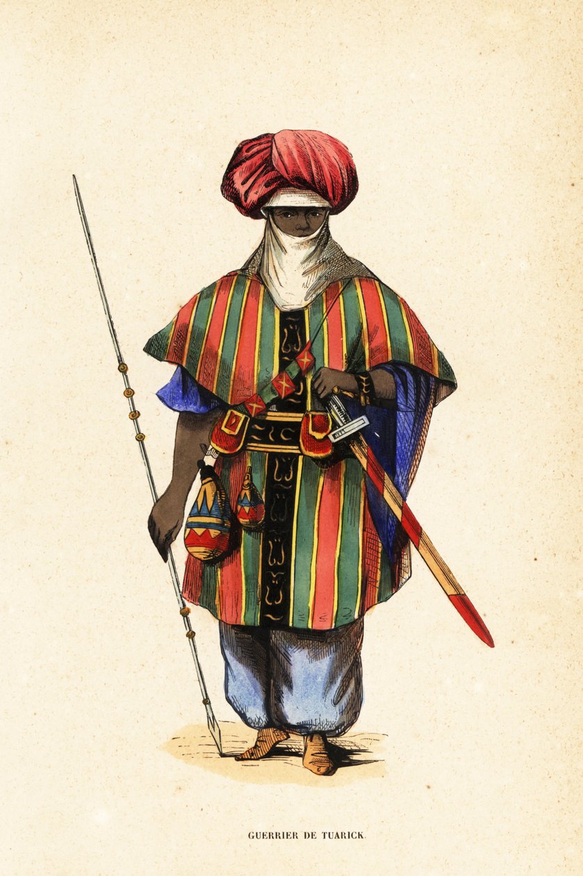 Szlachetny wojownik Tuaregów z Agadez, Niger, w tagelmust (turban i welon), taktkat (koszula) i akarbej (spodnie) autorstwa Captain George Francis (after) Lyon