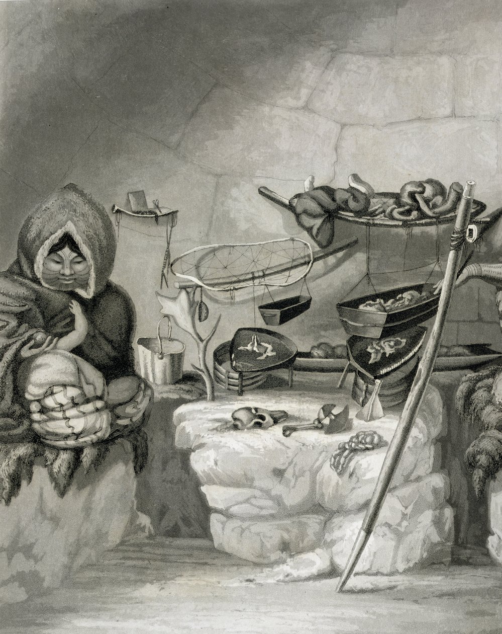 Wnętrze eskimoskiej chaty na śniegu, Wyspa Zimowa 1822, rycina Edwarda Francisa Findena (1791-1857), publikacja John Murray, 1824 autorstwa Captain George Francis Lyon