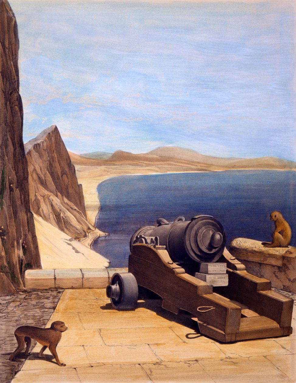 Bateria śródziemnomorska, Gibraltar, grafika wykonana przez TC Dibdina, z Select Views of the Rock and Fortress of Gibraltar, opublikowana 1846 autorstwa Captain J. M. Carter