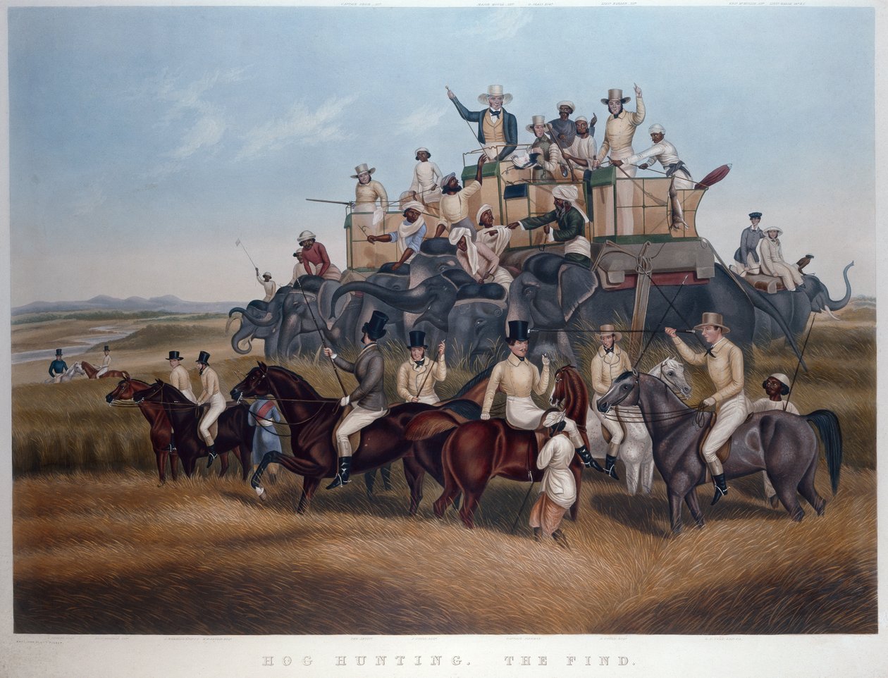 Hog Hunting: The Find, grawerowane i pub. panowie Fores, ok. 1840 (kolorowy grawerunek) autorstwa Captain John (after) Platt