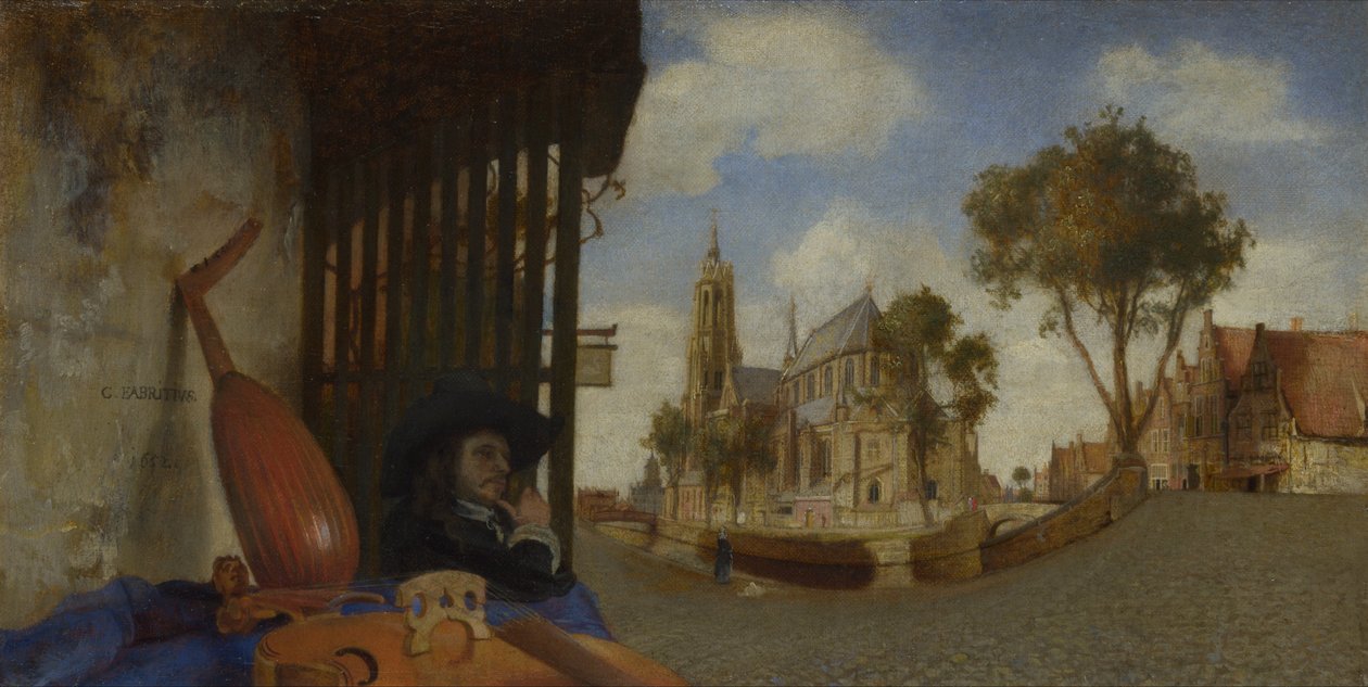 Widok na Delft, z kramem sprzedawcy instrumentów muzycznych autorstwa Carel Fabritius