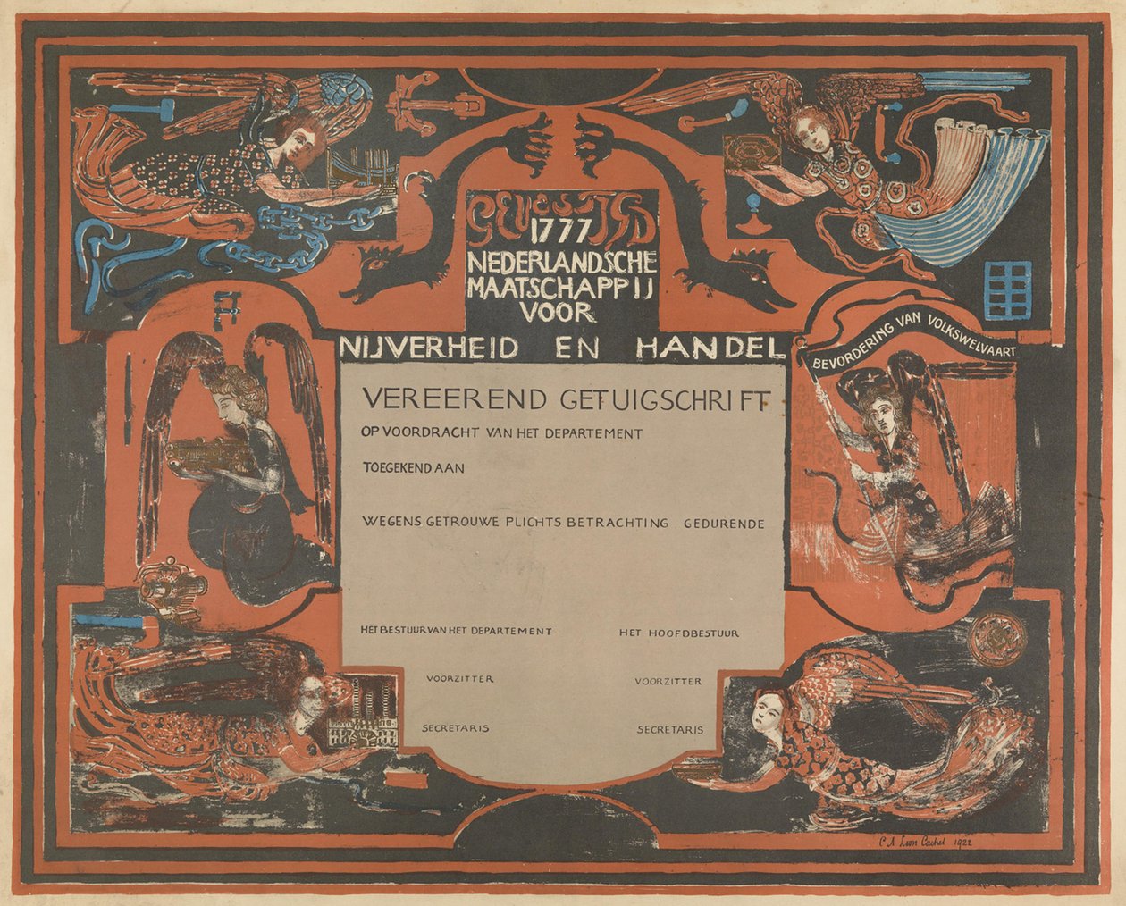 Świadectwo Niderlandzkiego Towarzystwa Przemysłu i Handlu autorstwa Carel Adolph Lion Cachet