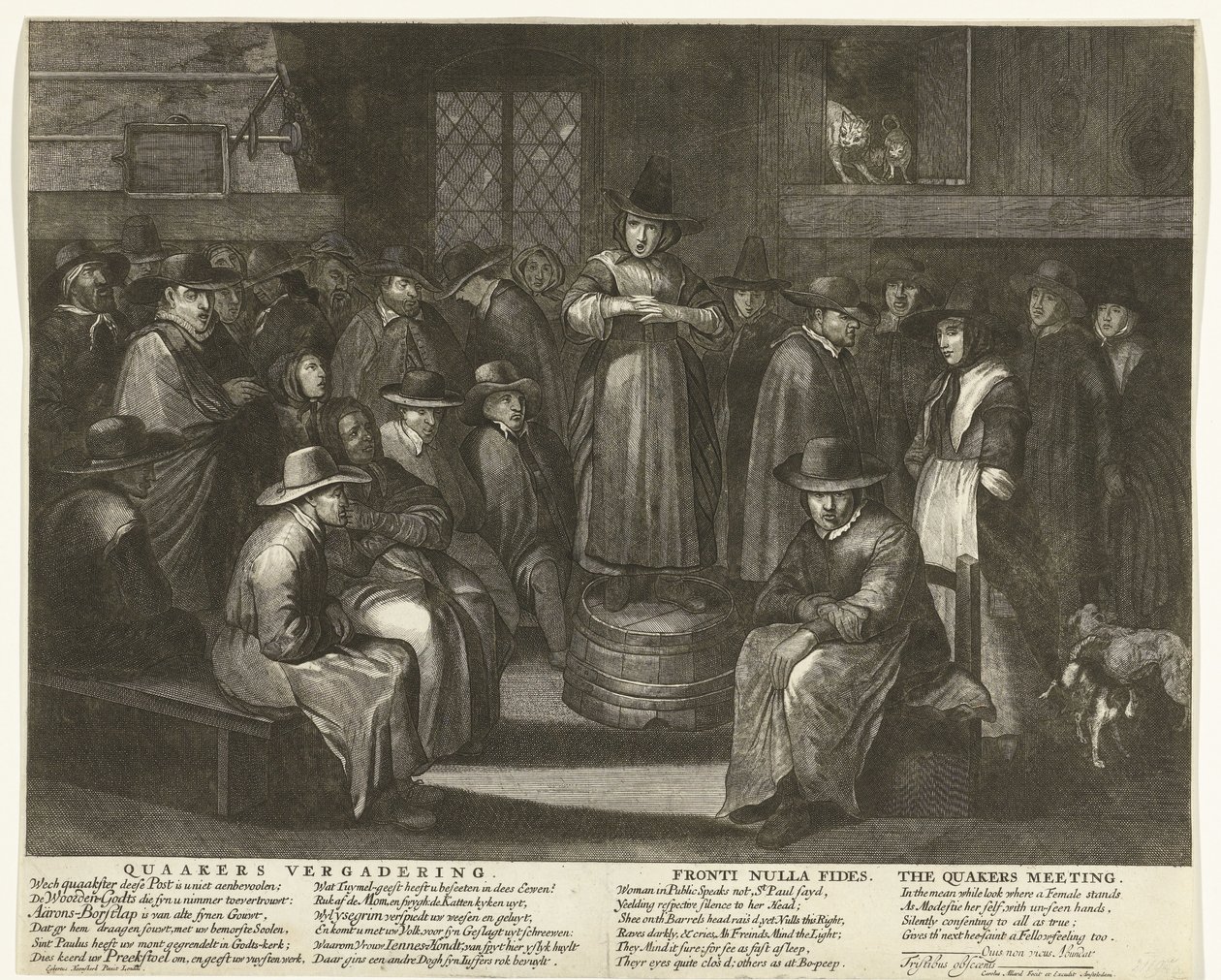 Karykatura angielskich kwakrów, ok. 1656 Spotkanie kwakrów / Fronti Nulla Fides / Spotkanie kwakrów (tytuł na obiekcie) autorstwa Carel Allard