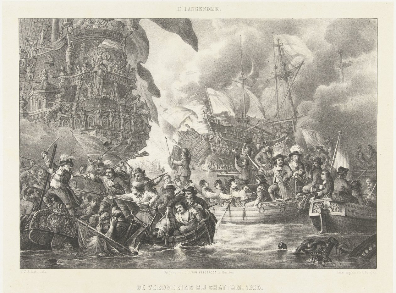 Podróż do Chatham i podbój królewskiego Karola, 1667 Podbój w Chattam. 1666 (tytuł na obiekcie) autorstwa Carel Christiaan Antony Last