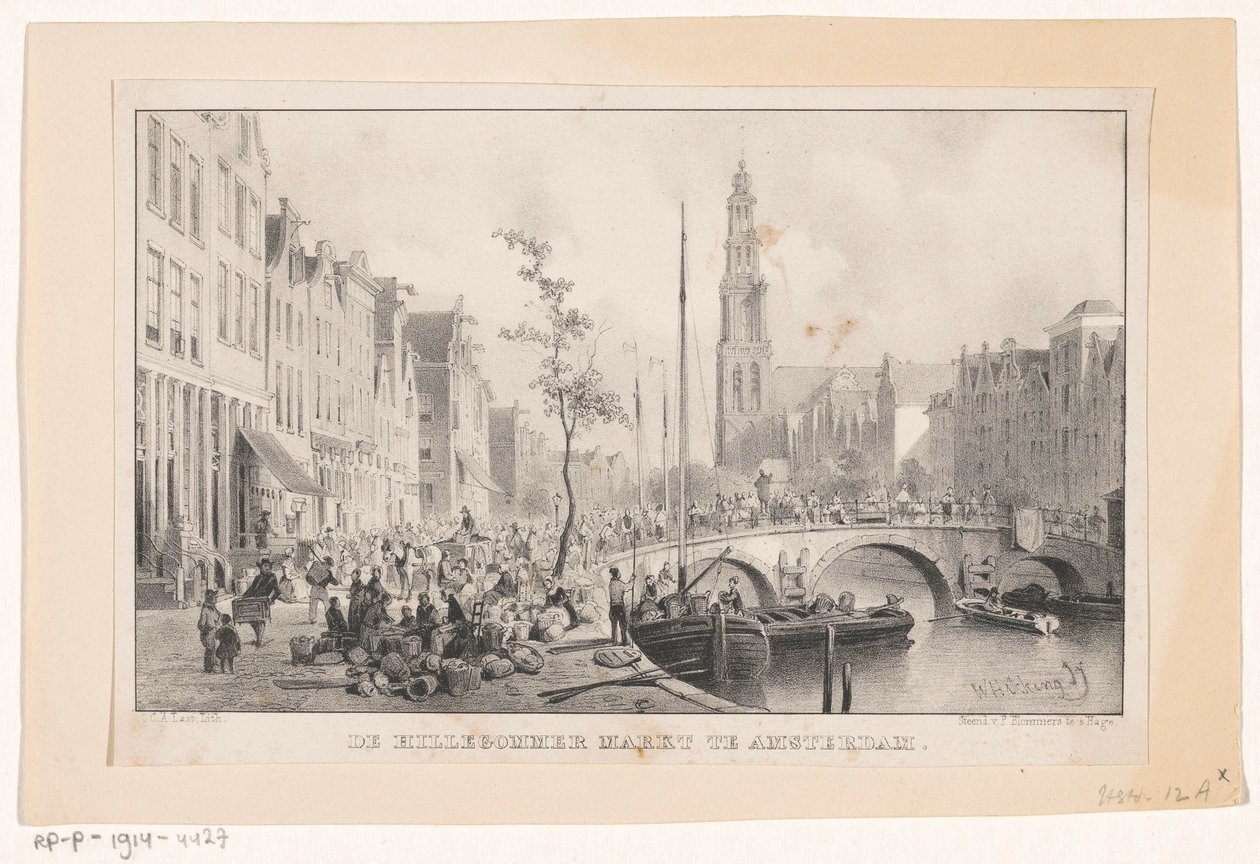Hillegommermarkt w Reesluis w Amsterdamie Hillergommermarkt w Amsterdamie (tytuł na obiekcie) autorstwa Carel Christiaan Antony Last