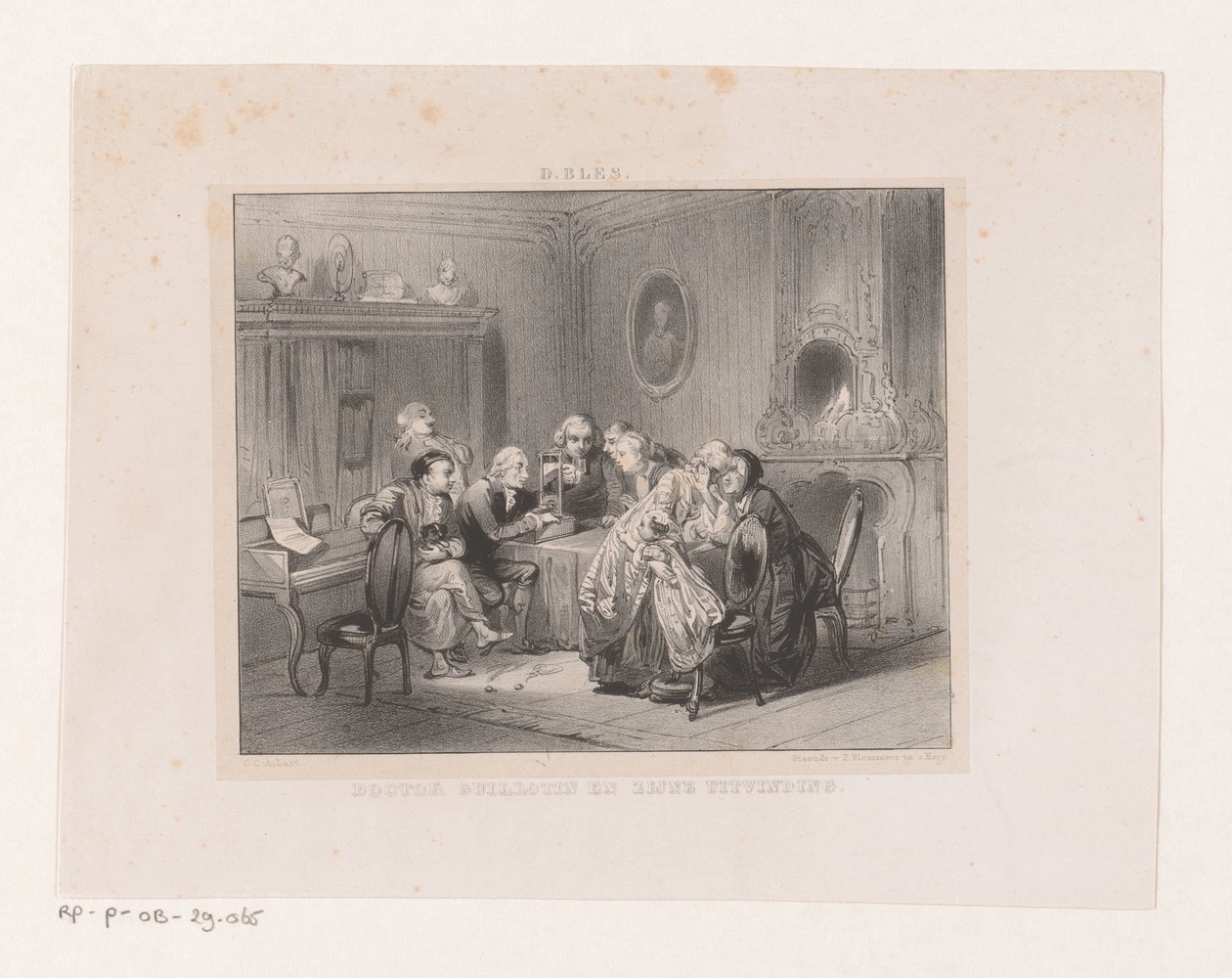 Joseph-Ignace Guillotin patrzy na miniaturę gilotyny Doktor Guillotin i jego wynalazek (tytuł na obiekcie) autorstwa Carel Christiaan Antony Last