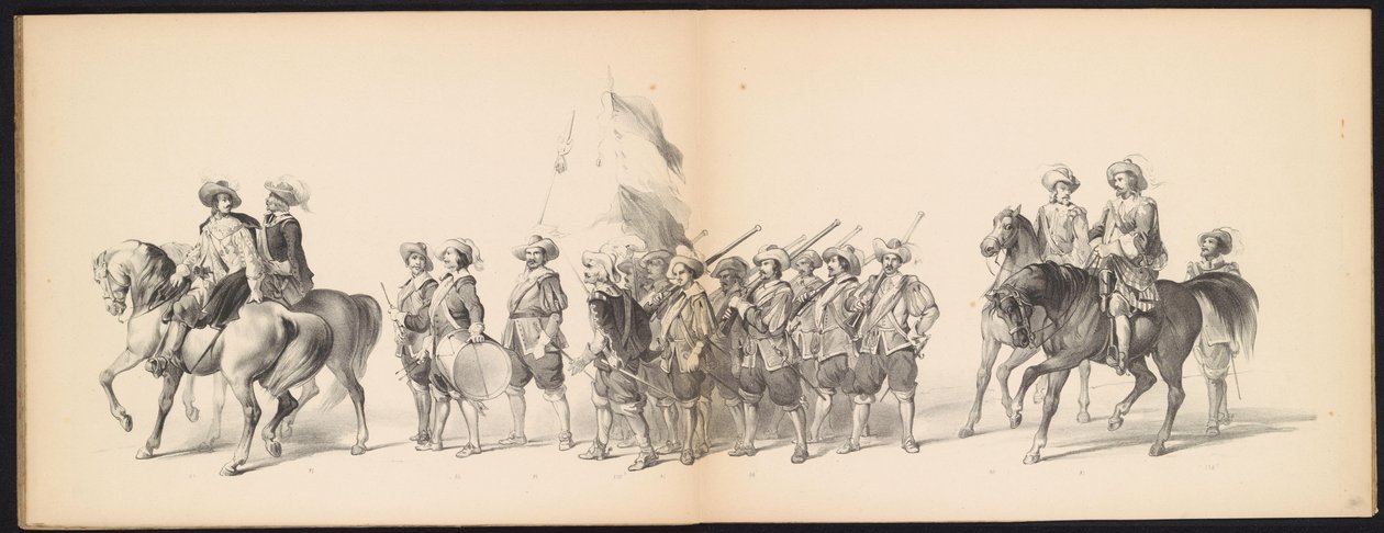 Maskarada uczniów Leiden, 1850 (tablica 10) Intogt Frederika Hendrika w Hertogenbosch w 1629 r.: przedstawienie w kostiumie autorstwa H.H. uczniowie Leydsche Hoogeschool den XI Junij z roku 1850 (tytuł serii na obiekcie) autorstwa Carel Christiaan Antony Last