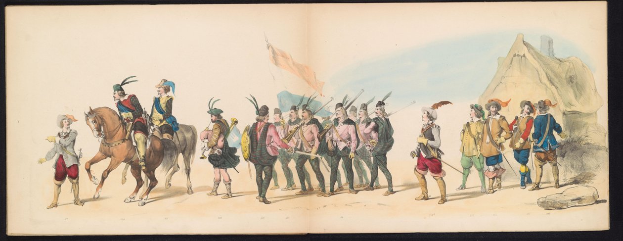 Maskarada uczniów Leiden, 1850 (tablica 11) Intogt Frederika Hendrika w Hertogenbosch w 1629 r.: przedstawienie w kostiumie H.H. uczniowie Leydsche Hoogeschool den XI Junij z roku 1850 (tytuł serii na obiekcie) autorstwa Carel Christiaan Antony Last