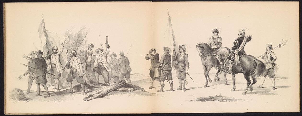 Maskarada studentów z Leiden, 1850 (tabl. 12) Intogt Frederika Hendrika w Hertogenbosch w 1629 r.: przedstawienie w kostiumie H.H. uczniowie Leydsche Hoogeschool den XI Junij z roku 1850 (tytuł serii na obiekcie) autorstwa Carel Christiaan Antony Last