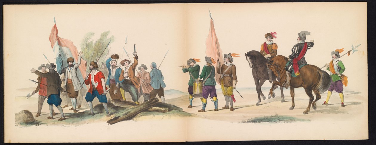 Maskarada studentów z Leiden, 1850 (tabl. 12) Intogt Frederika Hendrika w Hertogenbosch w 1629 r.: przedstawienie w kostiumie autorstwa H.H. uczniowie Leydsche Hoogeschool den XI Junij z roku 1850 (tytuł serii na obiekcie) autorstwa Carel Christiaan Antony Last